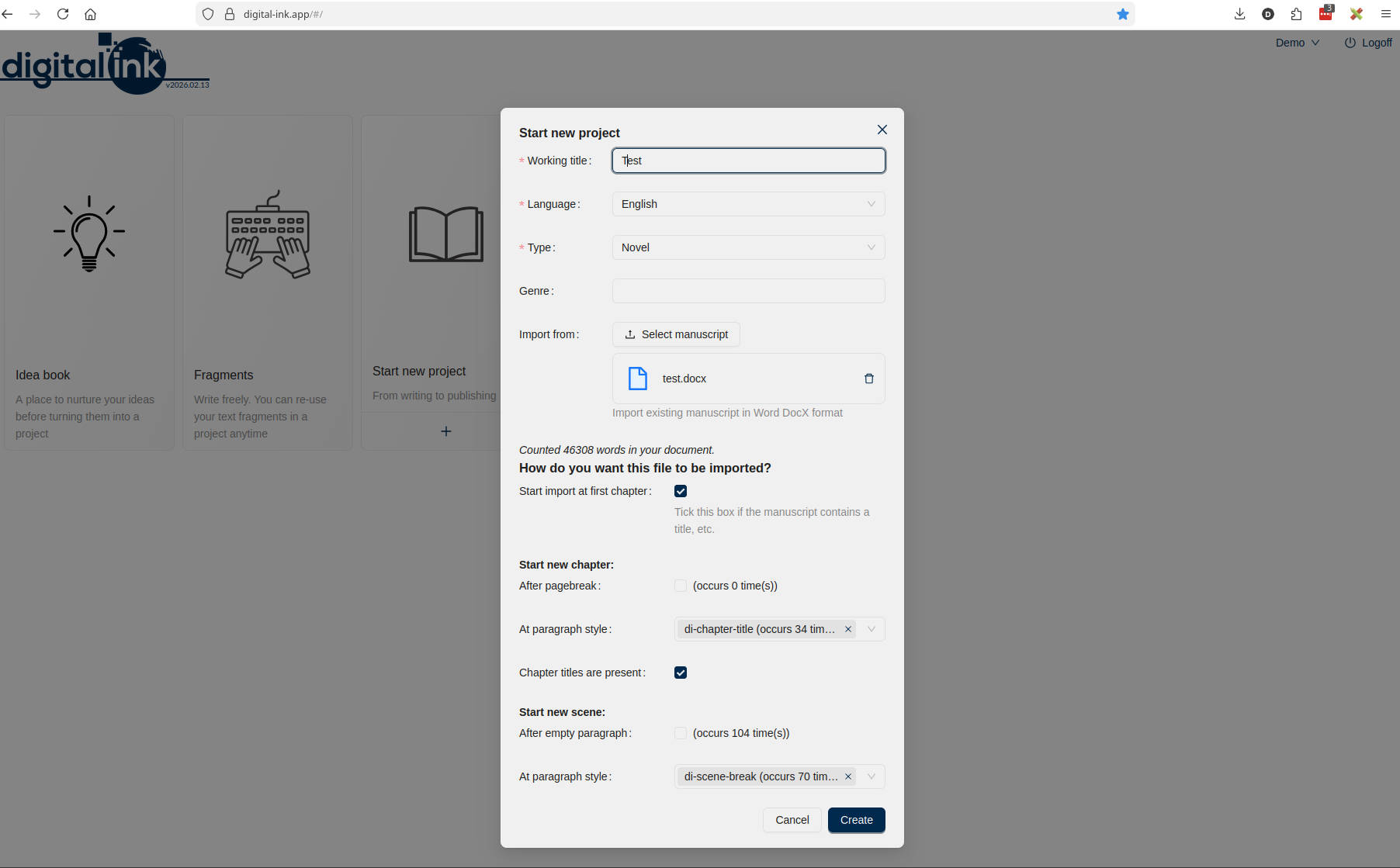 Screenshot of the import dialog