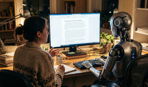 A Robot and a human together behind a keyboard, writing a story