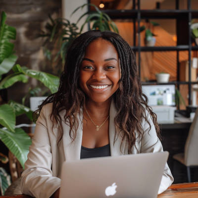 happy digital-ink user behind her laptop